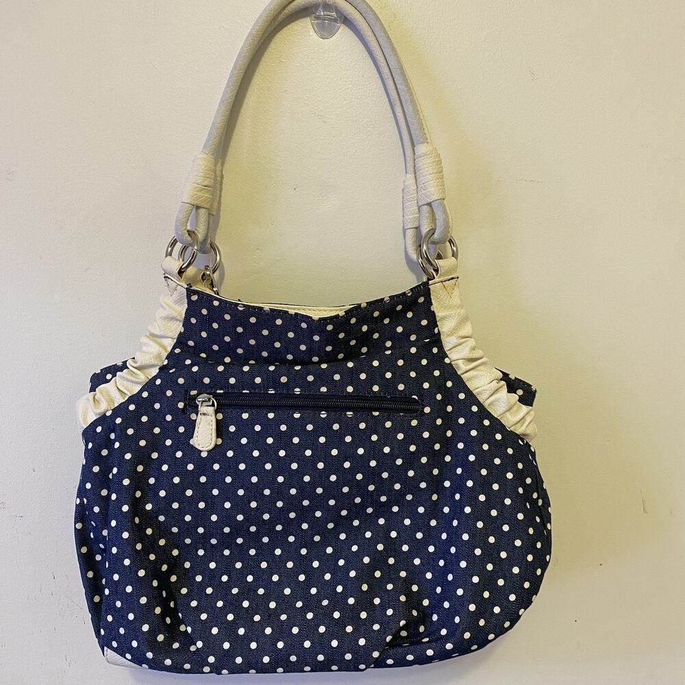 Elle Purse Shoulder Bag Hobo Bohemian NavyBlue Polka Dots White FauxLeather Y2K - Picture 5 of 7